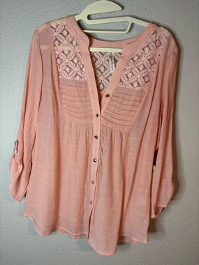 PerSeption Concept Pink Lace-Yoke Button-Down Blouse